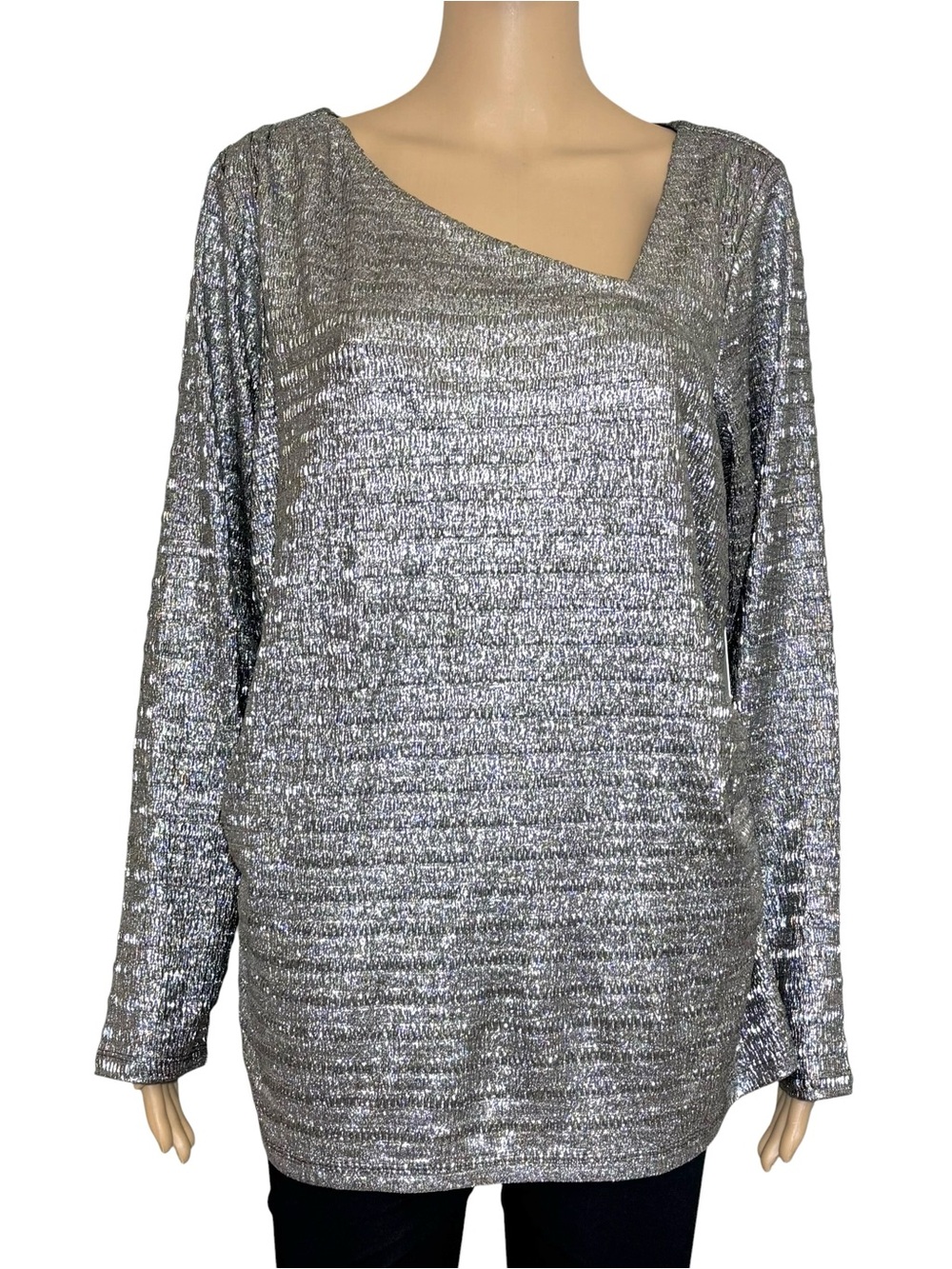 Calvin Klein Metallic Silver Asymmetrical Long Sleeve Knit Top size 1X